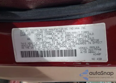 2004 Toyota Tundra Limited V8 from USA, damaged, VIN 5TBDT48194S441666